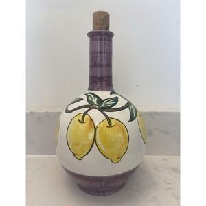 Vintage Italian Decanter‎ Handpainted Lemons Purple Accent Signed On Bottom EUC